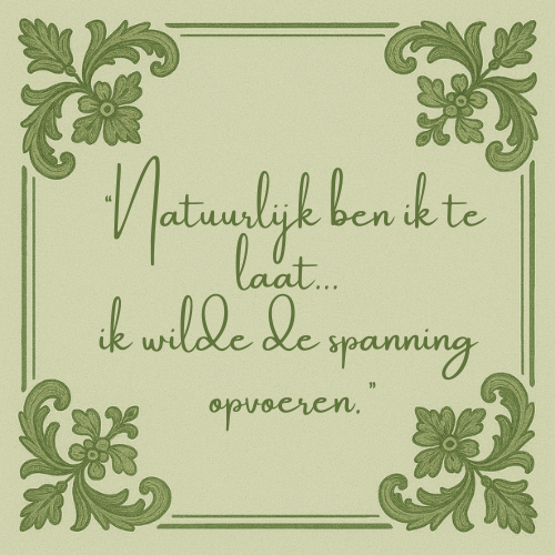 Delft blauw tegeltje met spreuk "Natuurlijk ben ik te laat... ik wilde spanning opvoeren"