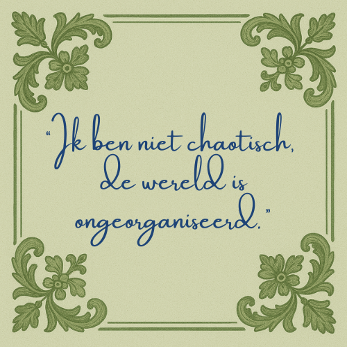 Delft blauw tegeltje met spreuk “Ik ben niet chaotisch,  de wereld is ongeorganiseerd.”